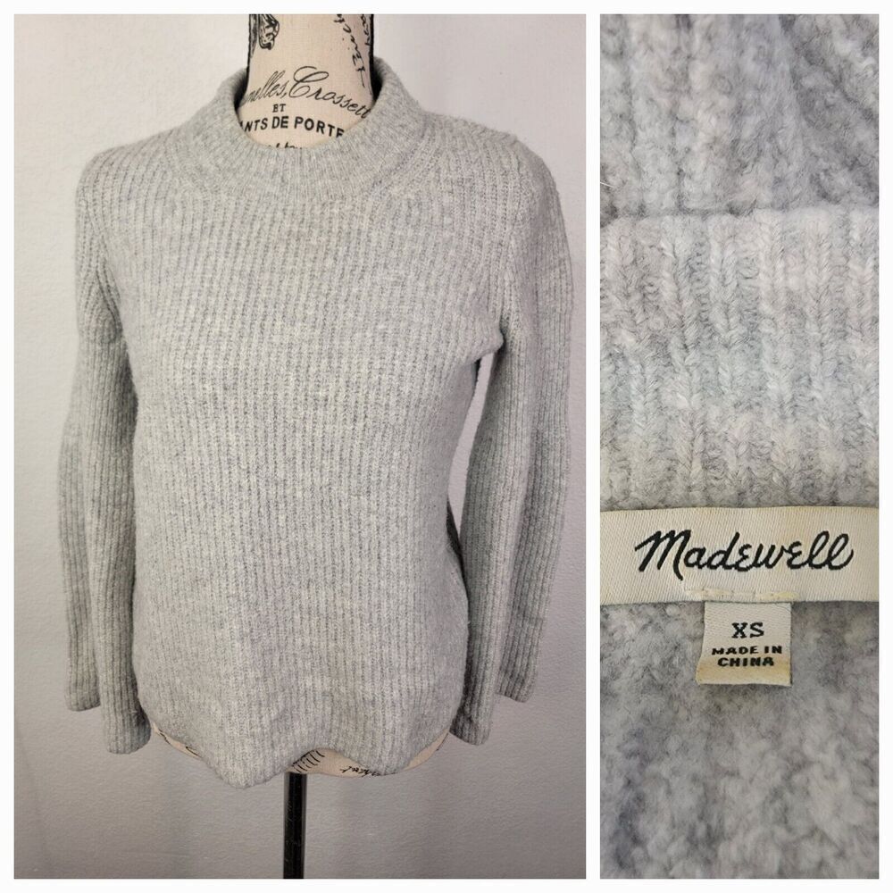 Madewell Sweater Womens XS Bell-Sleeves Pullover Crewneck Gray Merino Wool H1145